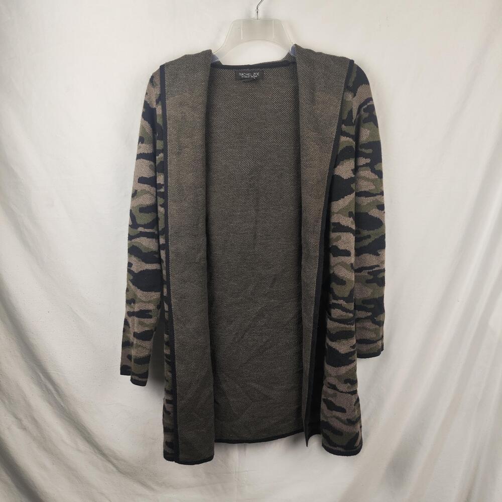 Rachel Zoe Sweater Cardigan Womens XS Multicolor Camo Hooded Open Front Knit